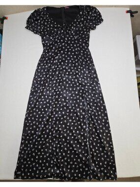 Mi Ami XL Baby Doll Maxi Dress Empire Waist Black Floral Short Puff Sleeve Satin